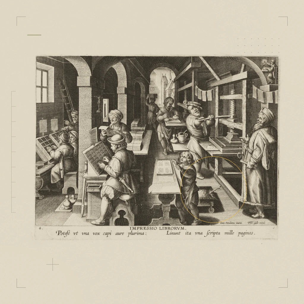 New Inventions of Modern Times [Nova Reperta], The Invention of Book Printing, plate 4. The Met, CC0, treated as a collage plate.