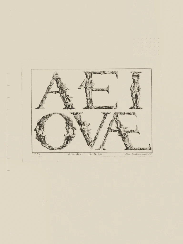 Alphabet Letters (5 Vowels). The Met, CC0, treated as a collage plate.